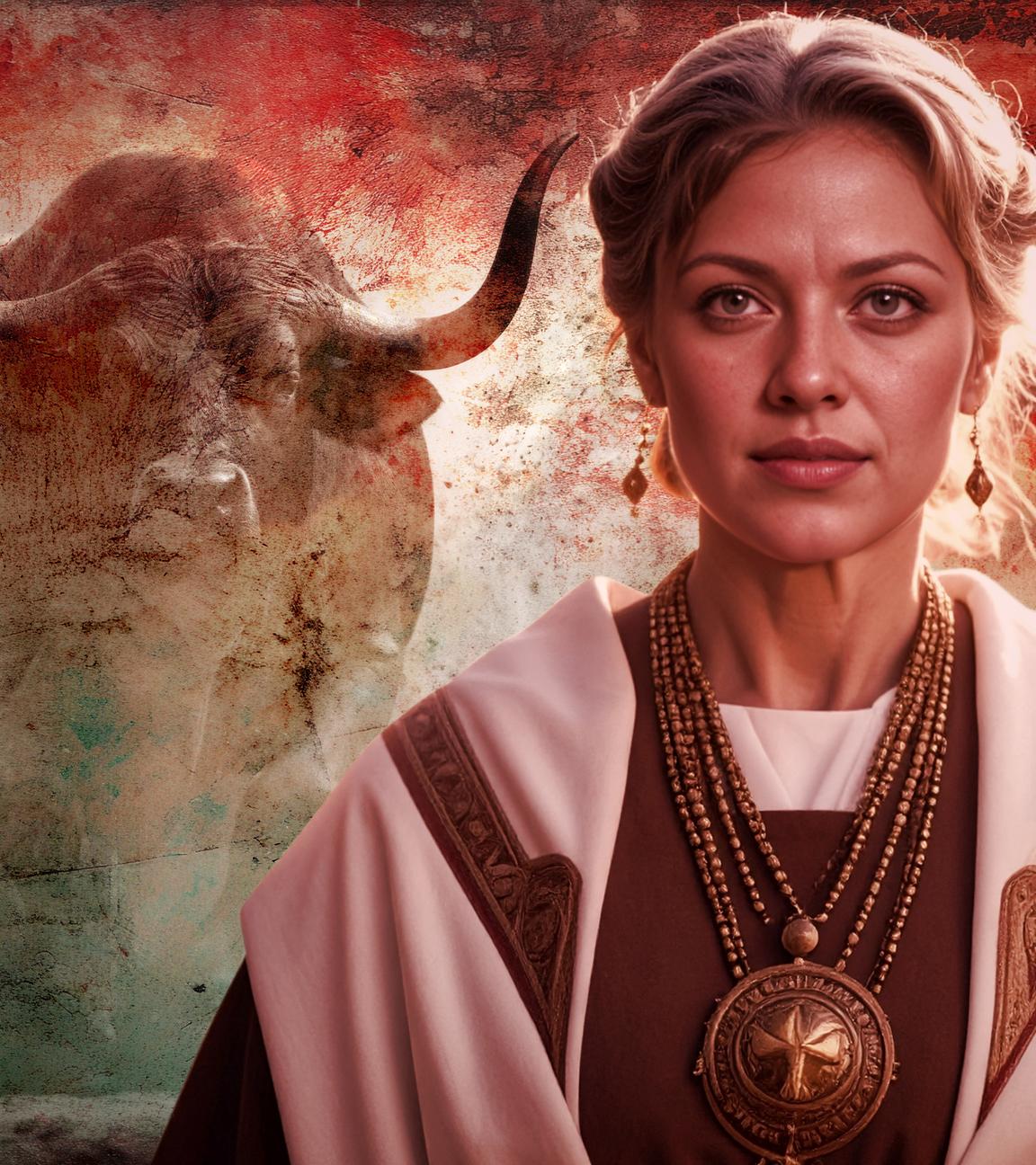 Collage: Bild einer griechischen Priesterin der Antike. Im Hintergrund ein Stier