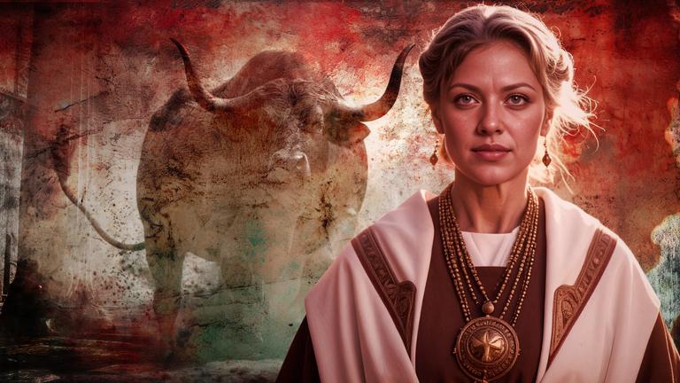 Collage: Bild einer griechischen Priesterin der Antike. Im Hintergrund ein Stier