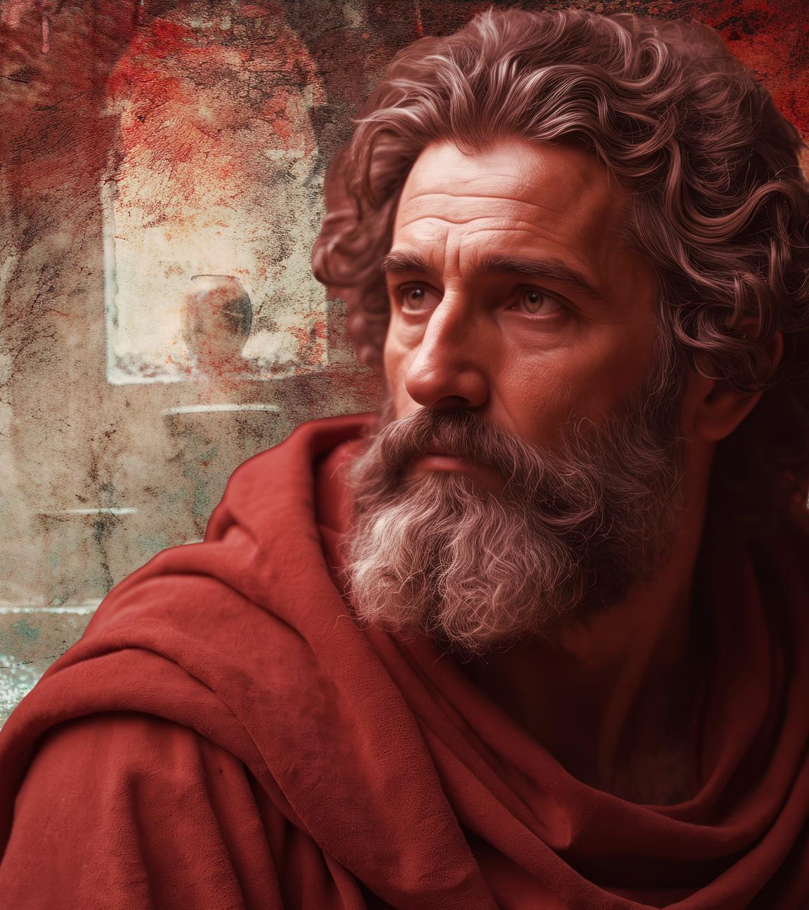 Bild eines griechischen Gelehrten, im Hintergrund ein Sklave, der in einer Kammer mit gsenktem Kopf auf dem Boden sitzt.