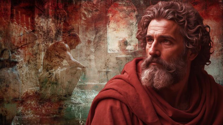 Bild eines griechischen Gelehrten, im Hintergrund ein Sklave, der in einer Kammer mit gsenktem Kopf auf dem Boden sitzt.