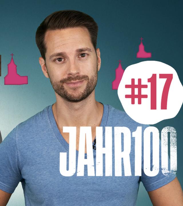 Mirko Drotschmann mit Kreuz, Kirchensymbolen und einer Horde bewaffneter Ritter