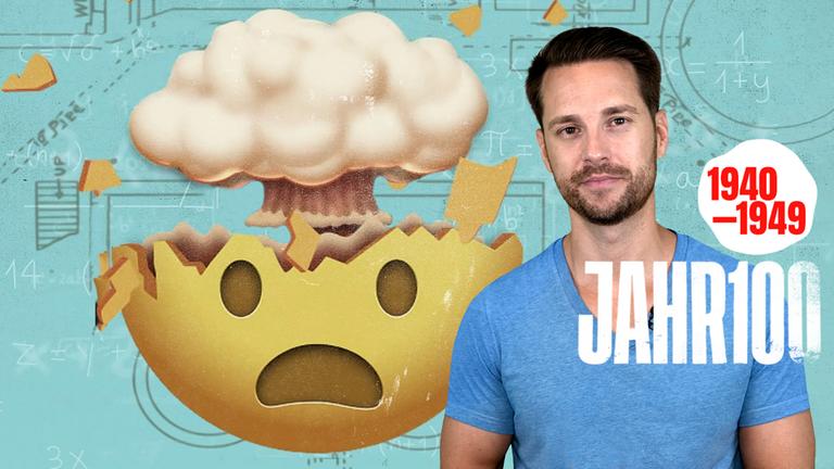 Mirko Drotschmann neben einem Smiley aus dessen Gehirn ein Atompilz erwächst