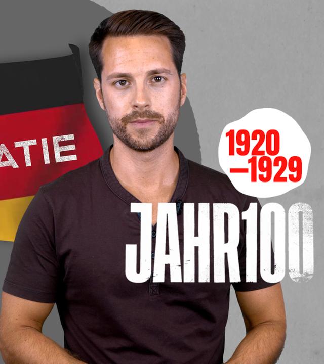Mirko Drotschmann mit der Fahne Deutschlands und dem Schriftzug Demokratie