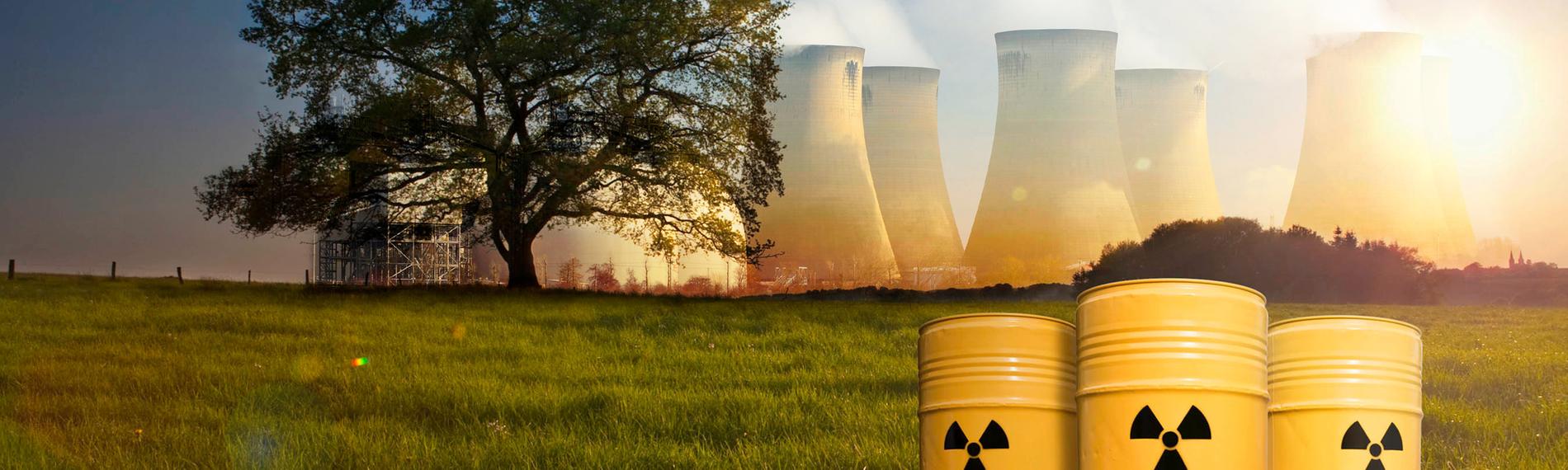 Montage: Auf einer Wiese stehen im Vordergrund drei Atommülltonnen, im Hintergrund steht links ein Baum und rechts mehrere qualmende Atommeiler.