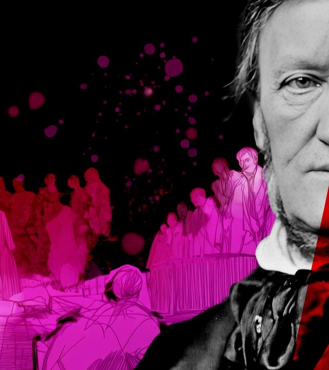 Grafik eines Porträts von Richard Wagner und einer Menschenmenge