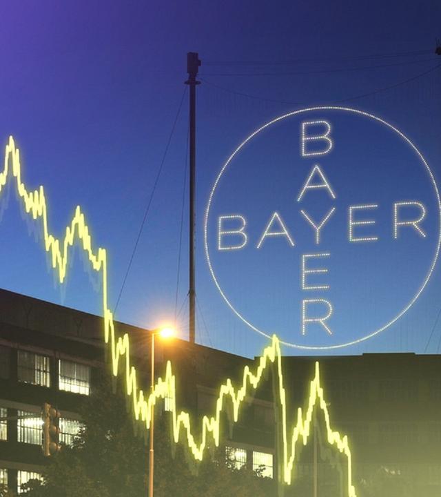 Fotomontage: Fallende Aktienkurve. Und das Bayer-Kreuz.