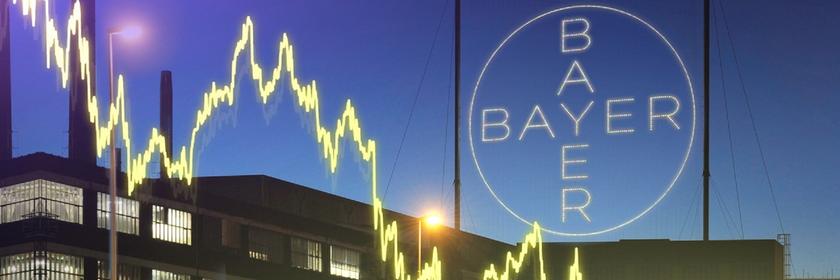 Fotomontage: Fallende Aktienkurve. Und das Bayer-Kreuz.