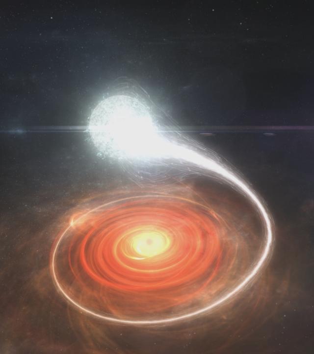 Ein schwarzer Hintergrund, aus dem eine orange-gelbe Spirale hervorgeht. Die Spirale bildet nach oben eine weiße Kugel.