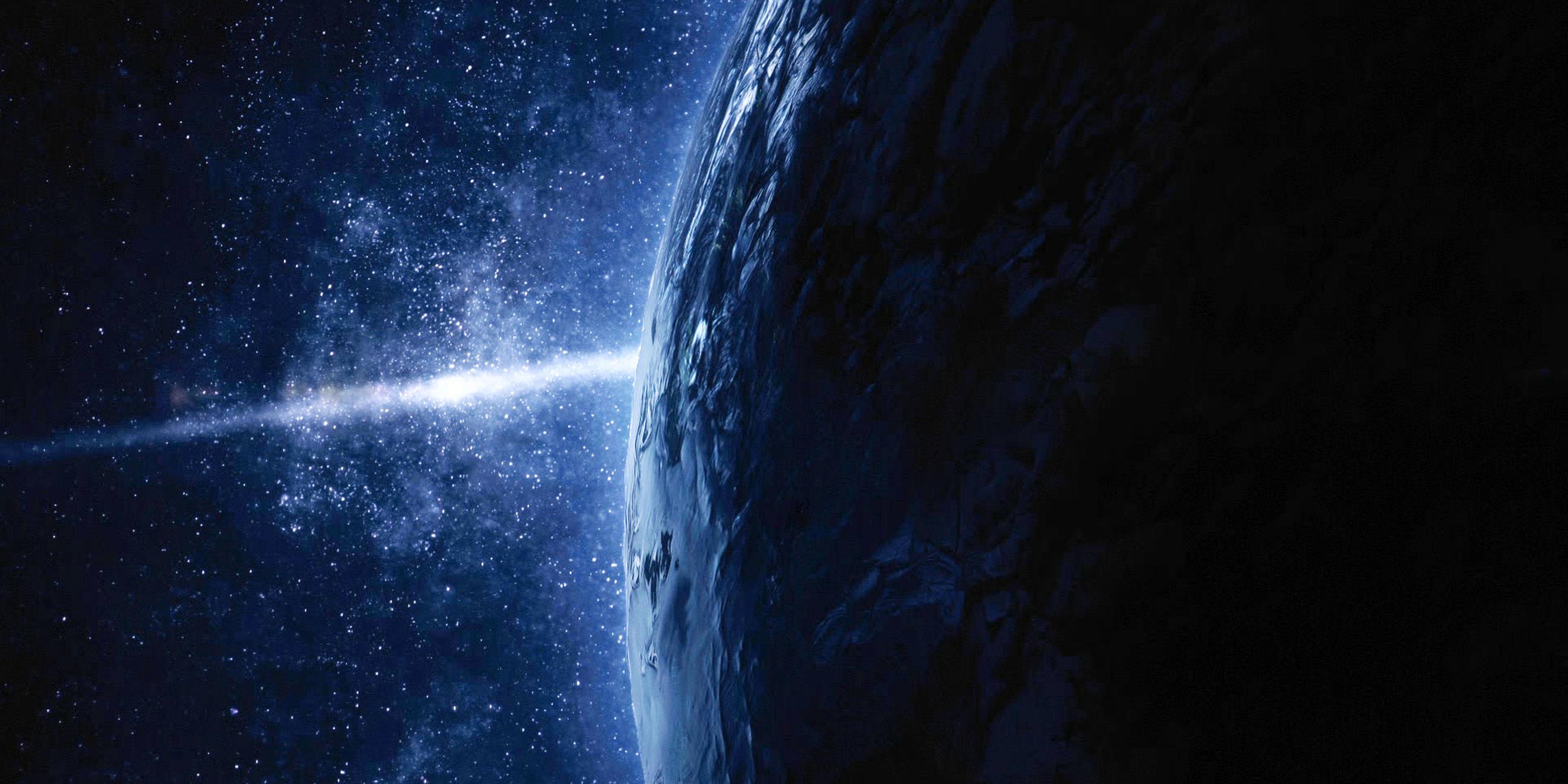Computeranimation. Im All ist die Kontur eines Planeten zu sehen. Im Hintergrund leuchtet ein Stern auf.