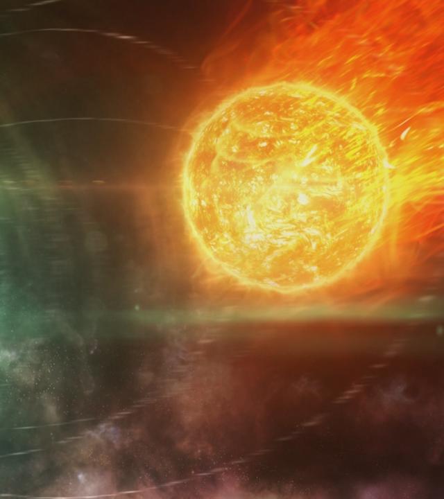 Ein Feuerball schießt auf einen Kreis zu, der grünes Licht ausstrahlt.