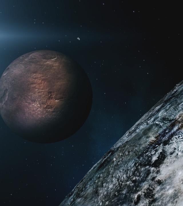 Ein rot-brauner Planet inmitten von Sternen. Auf der rechten Bildseite ist ein Teil eines anderen Planeten zu sehen. Dieser ist blau-grau. Der Hintergrund ist schwarz.