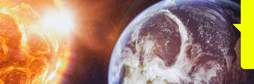 Computergrafik. Der Planet Erde ist in der Nähe der Sonne zu sehen.