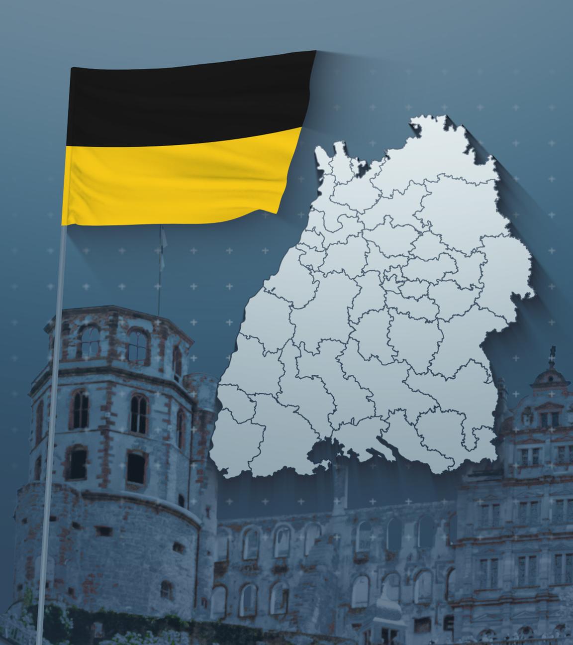 Karte mit den Wahlkreisen in Baden-Württemberg, dahinter das Heidelberger Schloss, daneben eine Flagge des Bundeslandes