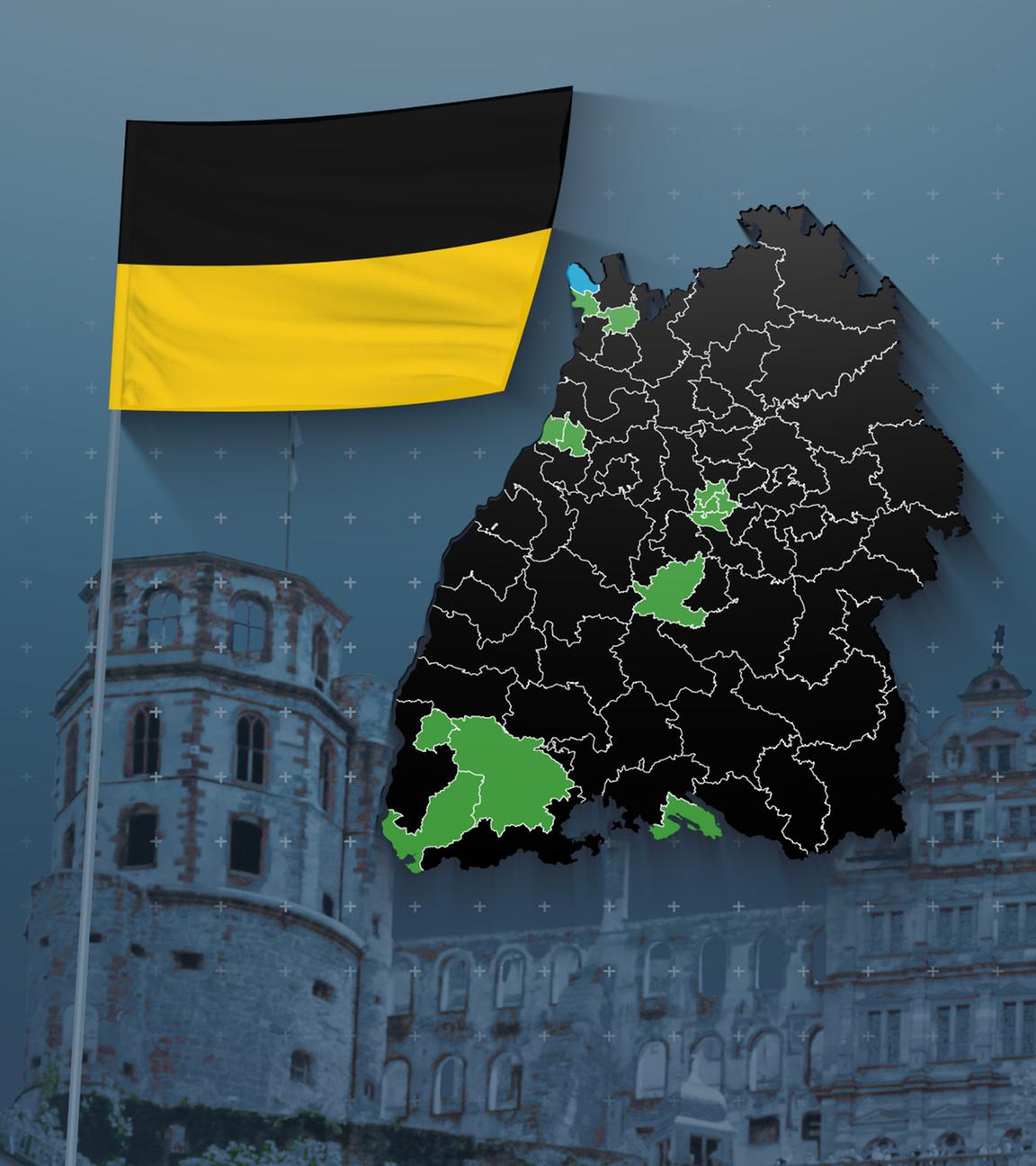 Karte mit den Wahlkreisen in Baden-Württemberg, dahinter das Heidelberger Schloss, daneben eine Flagge des Bundeslandes