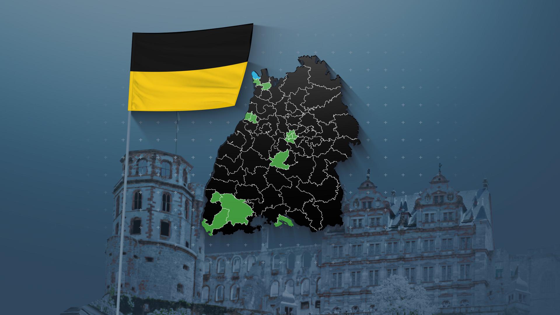 Karte mit den Wahlkreisen in Baden-Württemberg, dahinter das Heidelberger Schloss, daneben eine Flagge des Bundeslandes