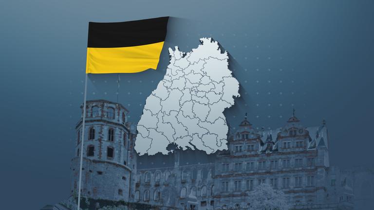 Karte mit den Wahlkreisen in Baden-Württemberg, dahinter das Heidelberger Schloss, daneben eine Flagge des Bundeslandes