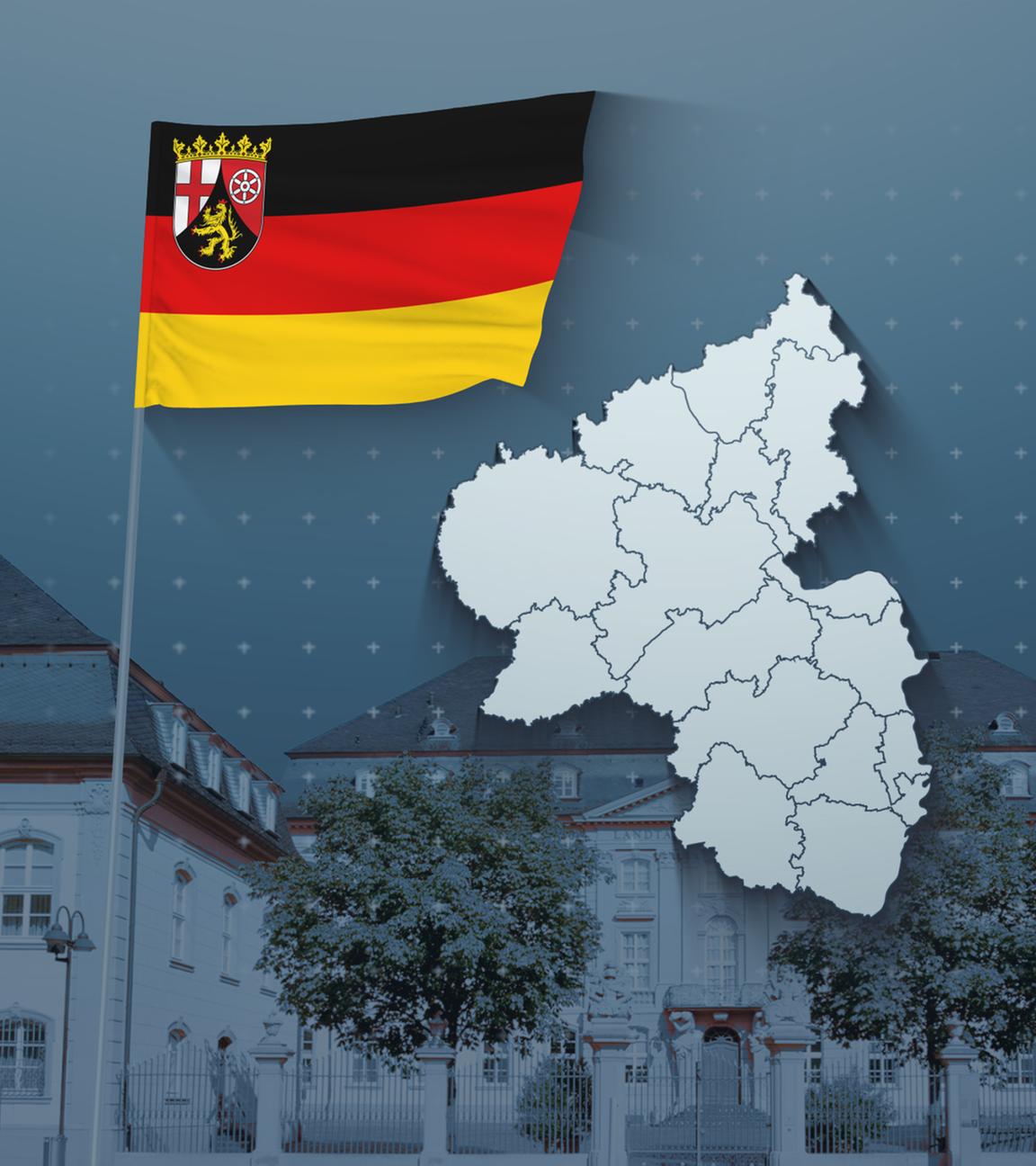 Karte mit den Wahlkreisen in Rheinland-Pfalz, dahinter der Landtag in Mainz, daneben eine Flagge des Bundeslandes