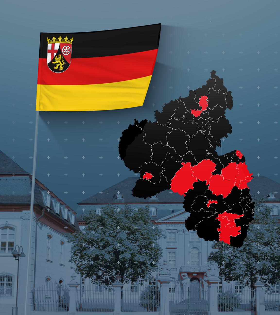Karte mit den Wahlkreisen in Rheinland-Pfalz, dahinter der Landtag in Mainz, daneben eine Flagge des Bundeslandes