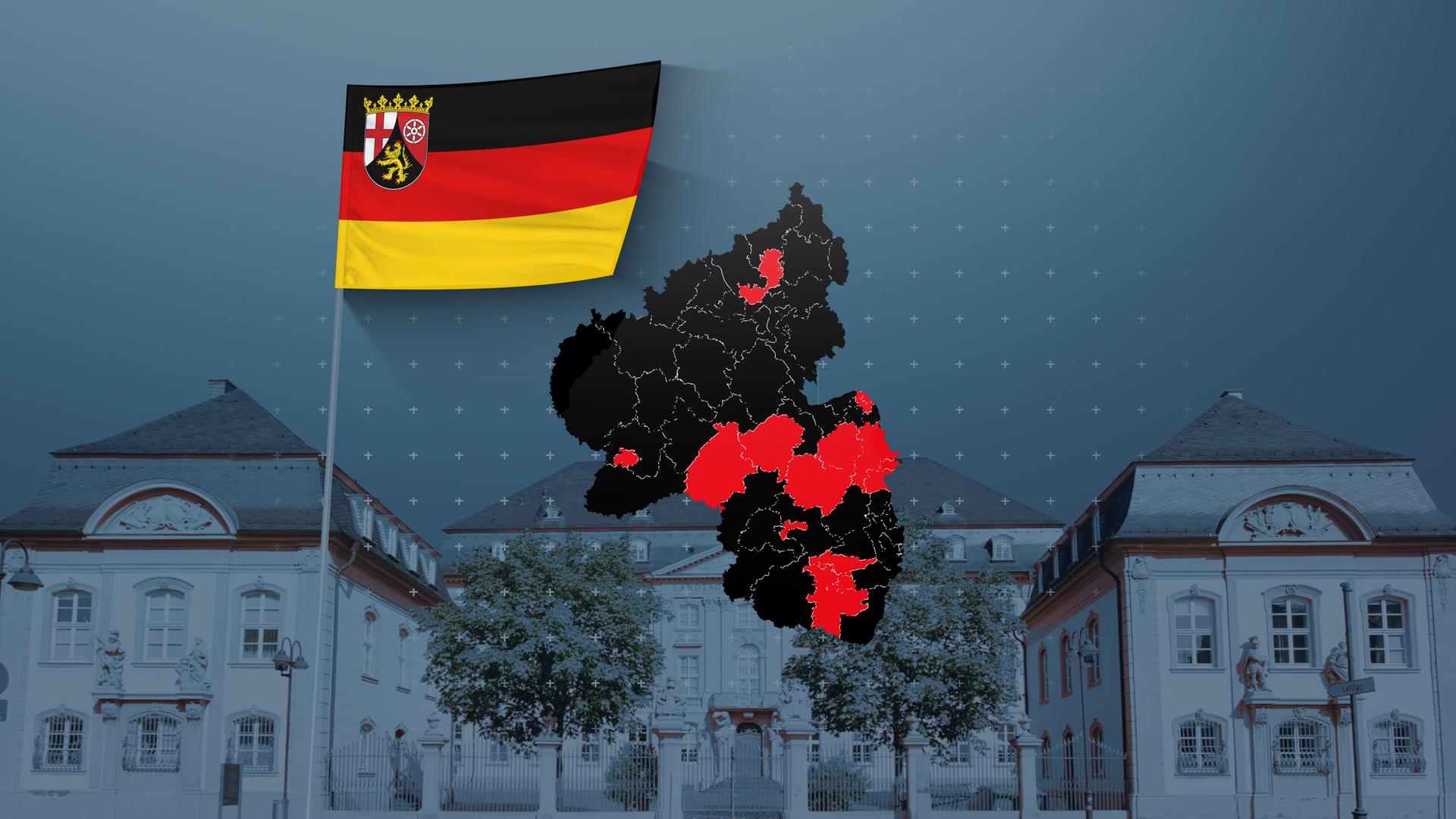 Karte mit den Wahlkreisen in Rheinland-Pfalz, dahinter der Landtag in Mainz, daneben eine Flagge des Bundeslandes