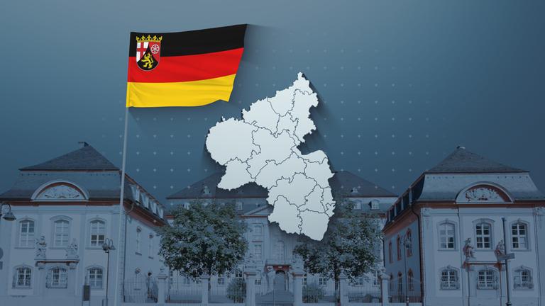 Karte mit den Wahlkreisen in Rheinland-Pfalz, dahinter der Landtag in Mainz, daneben eine Flagge des Bundeslandes