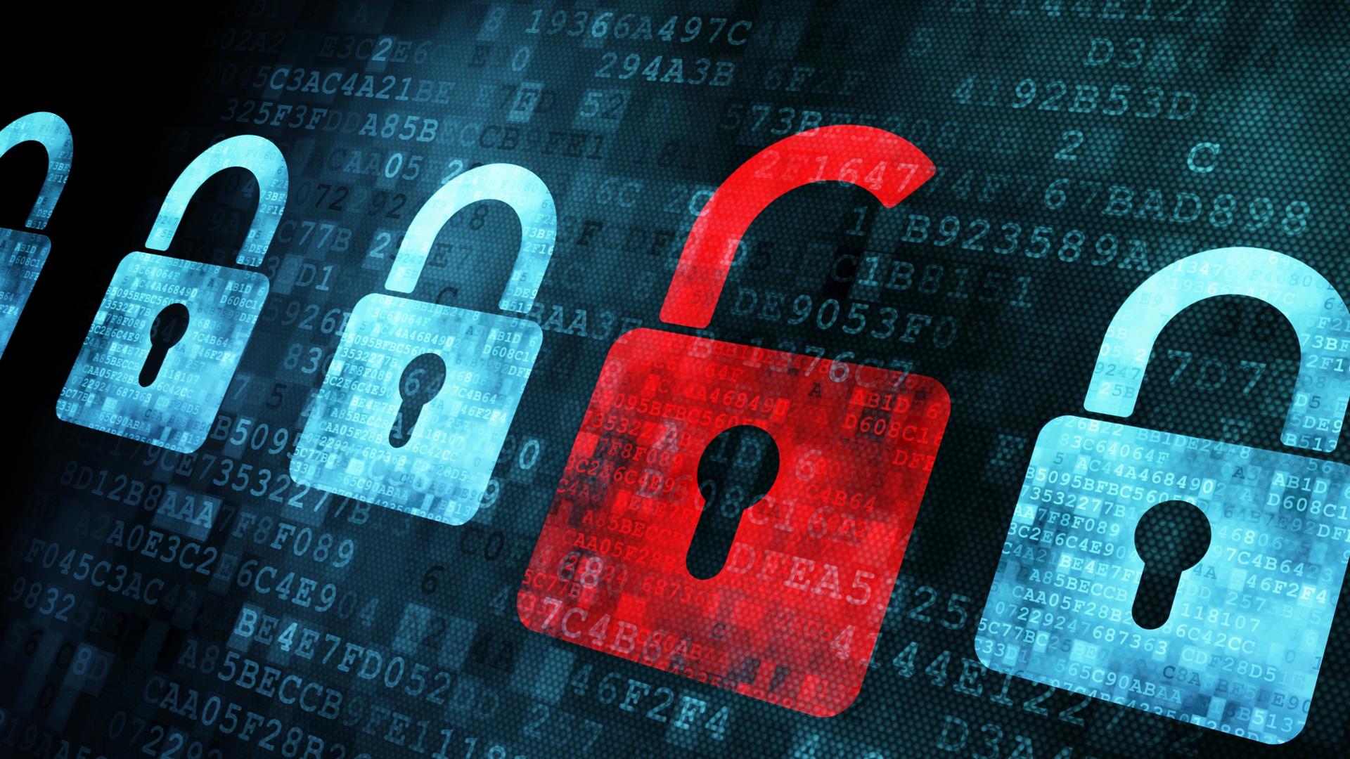 Ein Symbolbild für Datensicherheit zeigt Symbole für Schlösser auf einem Computerbildschirm, von denen eines geöffnet ist.
