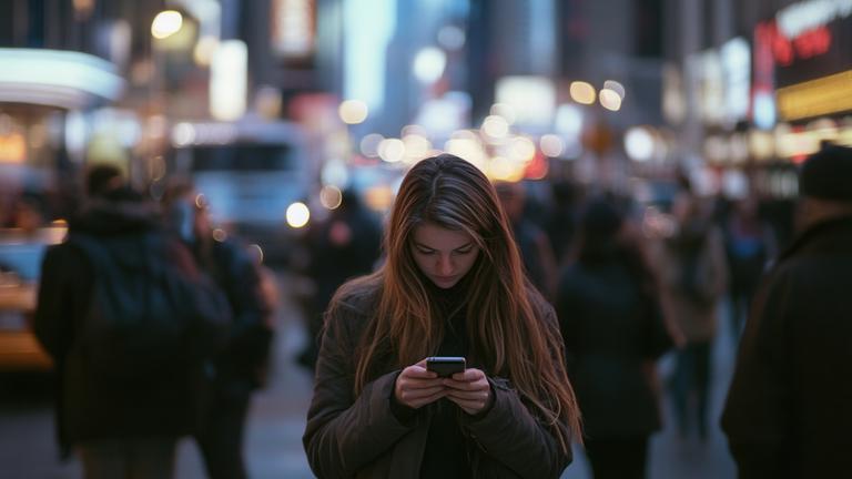 Frau blickt auf Handy, während um sie herum Fußgänger in der nächtlichen Straße unterwegs sind. 