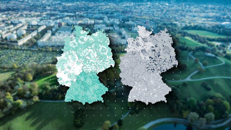 Foto von Stadt und Land mit Deutschlandkarten zu Zufriedenheitswerten