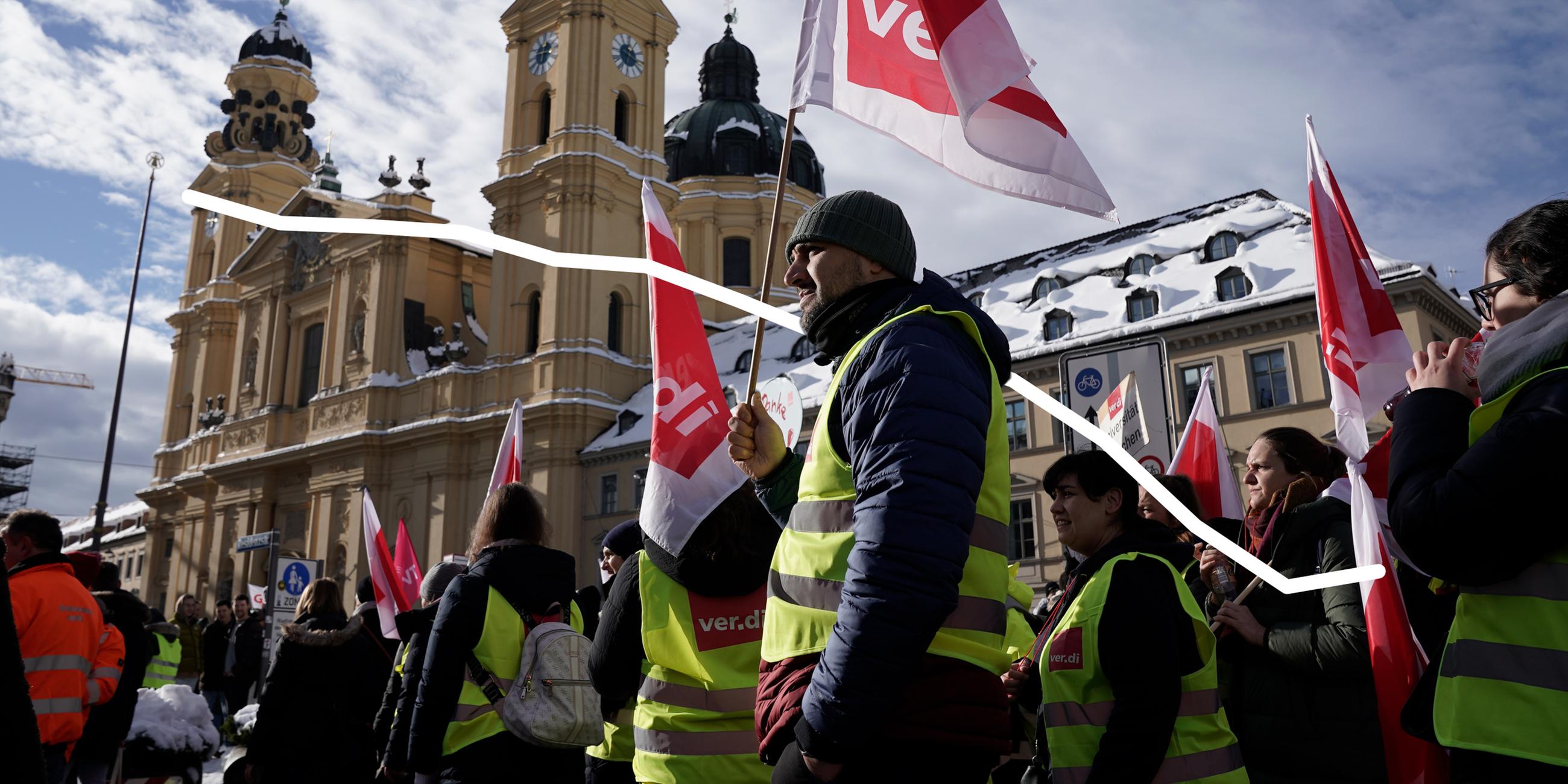Das Symbolbild zeigt einen Verdi-Streik und eine Mitgliederkurve des DGB