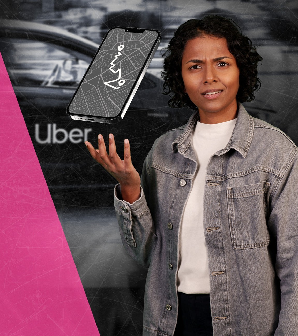Kaja Adchayan steht vor einem grafischen Hintergrund in Pink und Schwarz. Neben ihr schwebt ein Smartphone mit einer Navigationskarte, im Hintergrund ist unscharf ein Auto und das Uber-Logo zu erkennen. Sie schaut skeptisch und hält eine Hand leicht erhoben, als würde sie die Funktionsweise oder die Folgen von Fahrdienst-Apps hinterfragen.