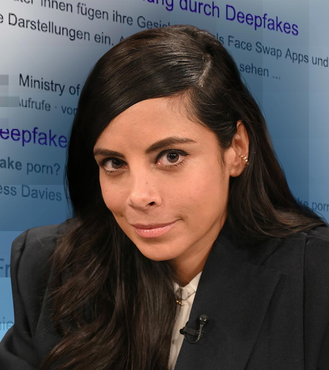 Ein Kopf-Ausschnitt der Schauspielerin Collien Fernandes, im Hintergrund Artikel auf Google zum Thema "Deepfakes".