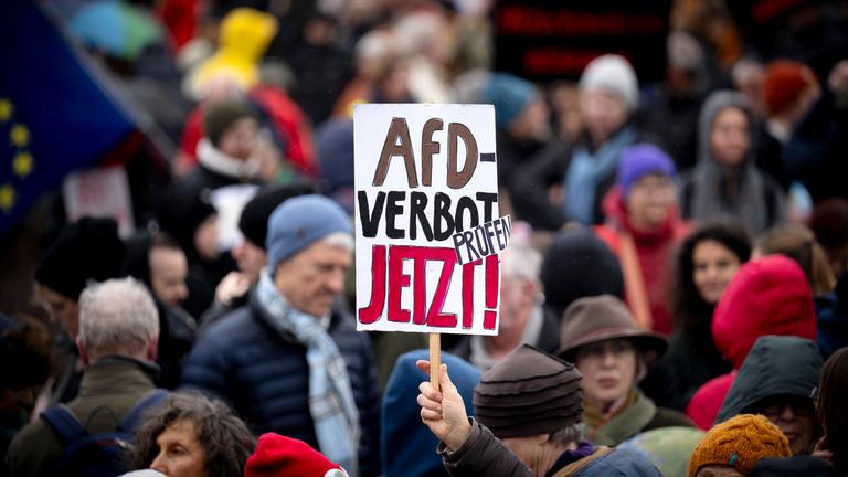 Demonstranten mit Schild "AfD-Verbot jetzt" (Archivbild)
