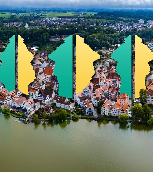 Drei Demografie-Grafiken vor dem Hintergrund einer historischen Kleinstadt