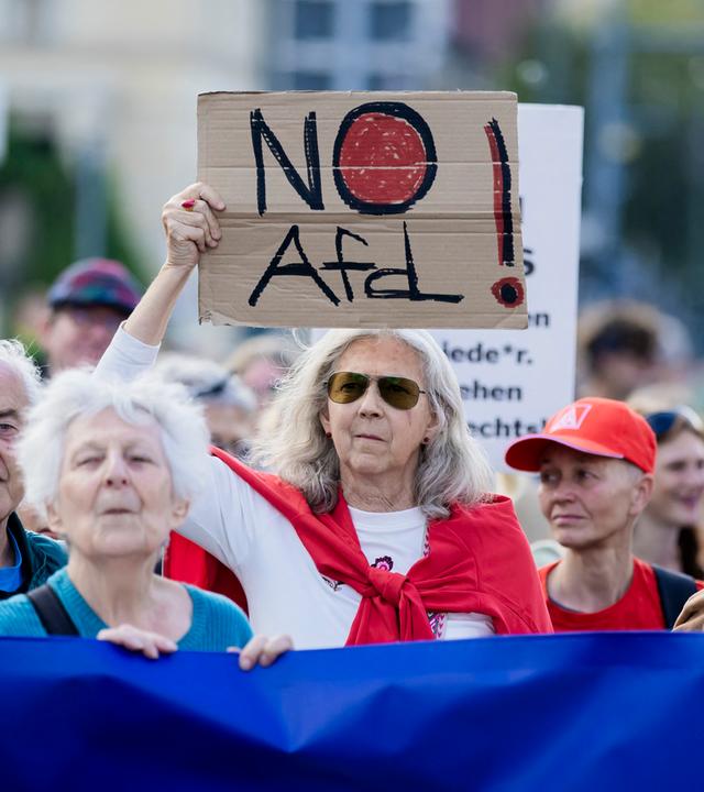 Eine Teilnehmerin hält eine Pappe mit der Aufschrift "No AfD!". 