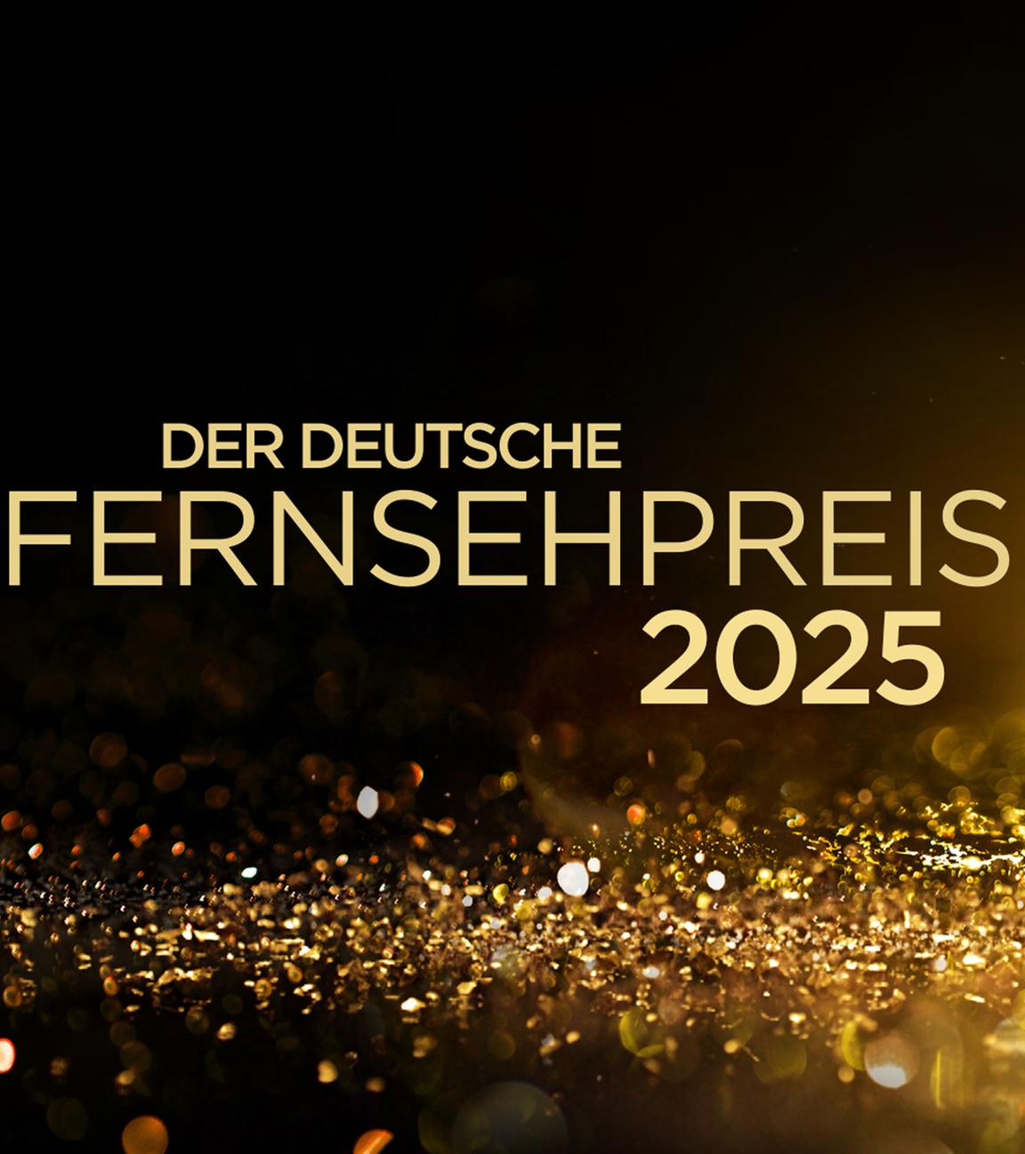 Logo "Der Deutsche Fernsehpreis" "Der Deutsche Fernsehpreis": Auf einem dunklen Hintergrund steht die Trophäe des Preises, eine güldene Stele, inmitten von golden glänzenden kleinen Scheiben. Auf dem Bild steht der Schriftzug "Der Deutsche Fernsehpreis 2025"