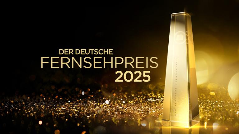 Logo "Der Deutsche Fernsehpreis" "Der Deutsche Fernsehpreis": Auf einem dunklen Hintergrund steht die Trophäe des Preises, eine güldene Stele, inmitten von golden glänzenden kleinen Scheiben. Auf dem Bild steht der Schriftzug "Der Deutsche Fernsehpreis 2025"