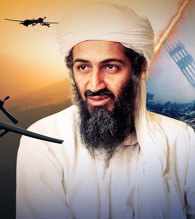 Zentral Osama bin Laden; links mehrere moderne Militärdronen, rechts die Silhouette der TRümmer des World Trade Center.