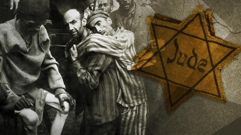 Völlig entkräftete KZ-Insassen; rechts Nahaufnahme eines Judensterns