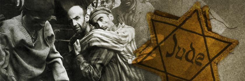 Völlig entkräftete KZ-Insassen; rechts Nahaufnahme eines Judensterns