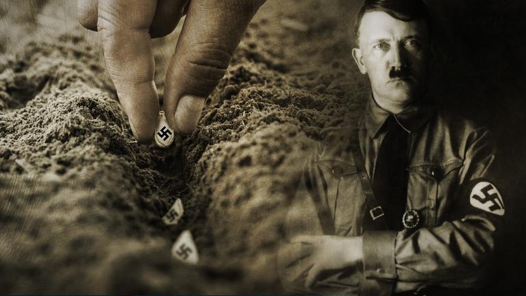 Rechts: Adolf Hitler, 1930er; links: Eine Hand bringt Saatgut in die Erde, auf den Körnern sind Hakenkreuze abgebildet.