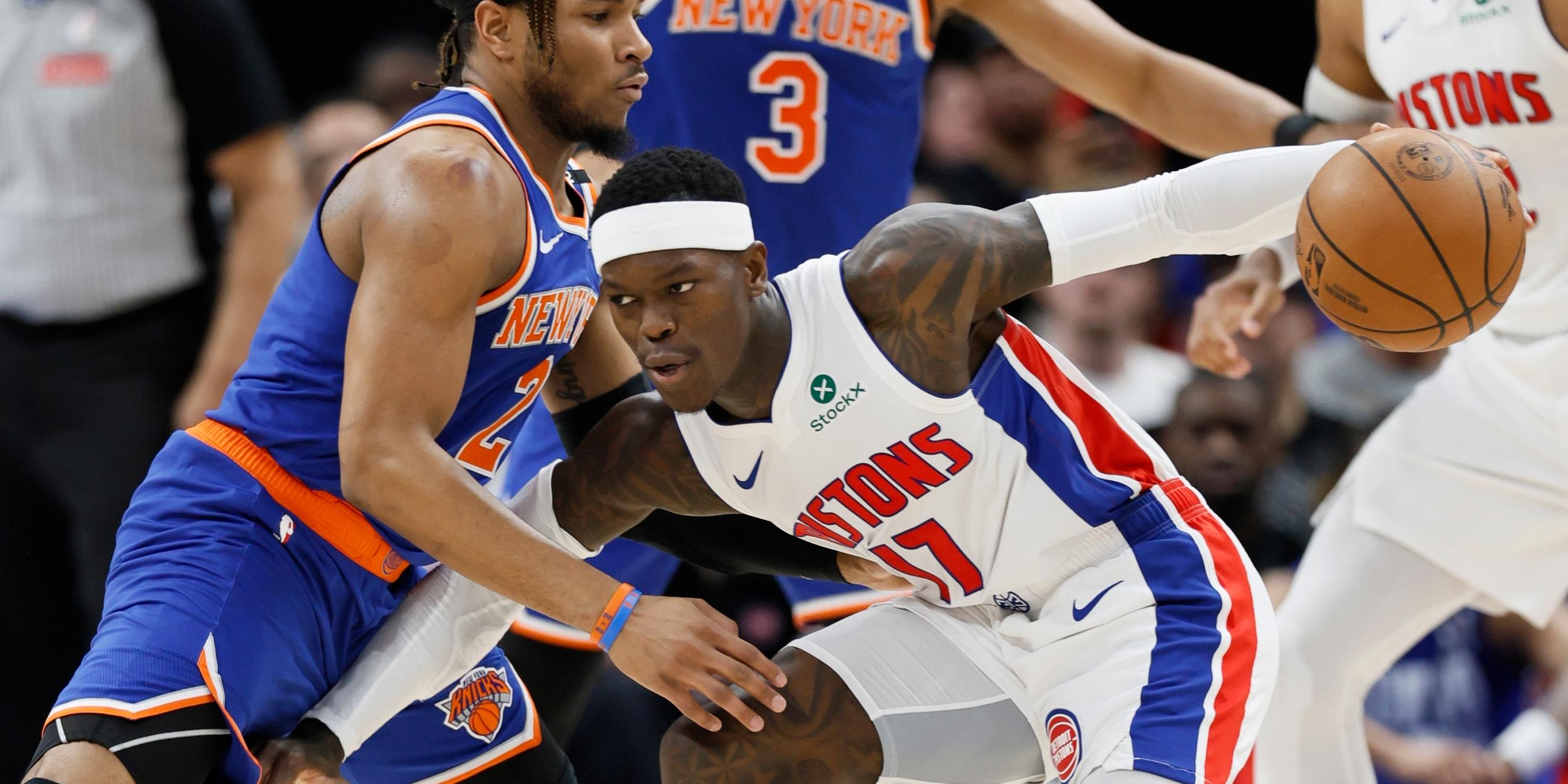 Dennis Schröder (17), Guard der Detroit Pistons, trifft auf Miles McBride (2), Guard der New York Knicks.