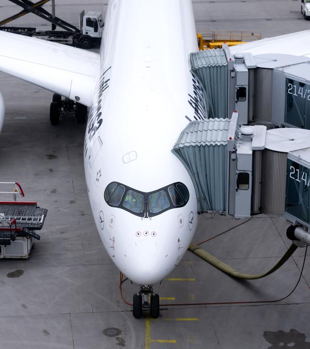 Ein Flugzeug der Lufthansa steht am Flughafen München an einem Gate.