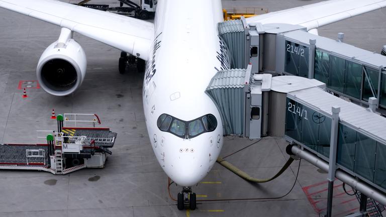 Ein Flugzeug der Lufthansa steht am Flughafen München an einem Gate.