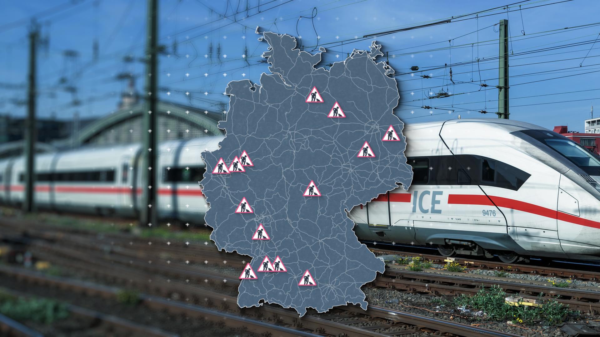 Ein ICE verlässt einen Bahnhof. Über den ICE wurde eine Karte von Deutschland gelegt, auf der Baustellen eintragen sind.