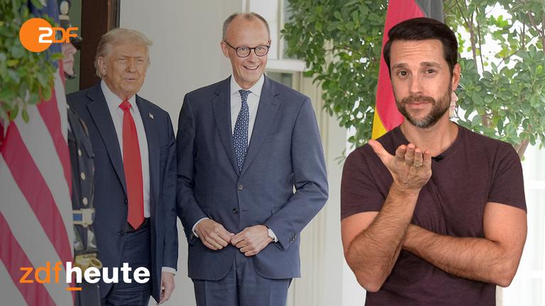 Rechts im Bild sieht man den Host Mirko Drotschmann, links zu sehen ist US-Präsident Donald Trump mit Bundeskanzler Friedrich Merz 