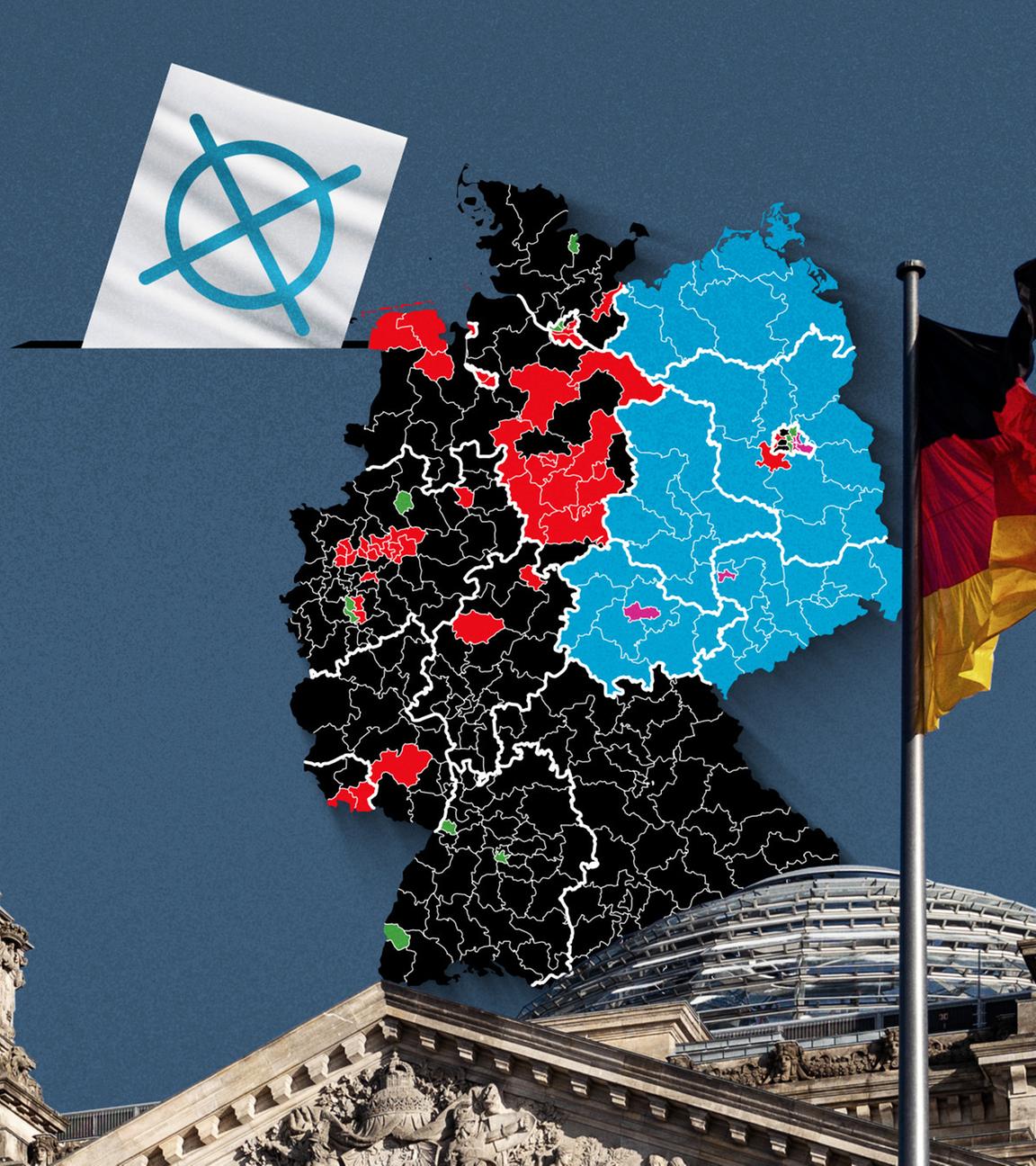 Foto vom Bundestag, davor eine Wahlkreis-Karte von Deutschland und die Flagge