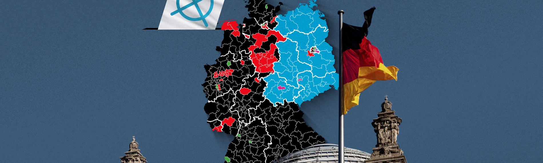 Foto vom Bundestag, davor eine Wahlkreis-Karte von Deutschland und die Flagge