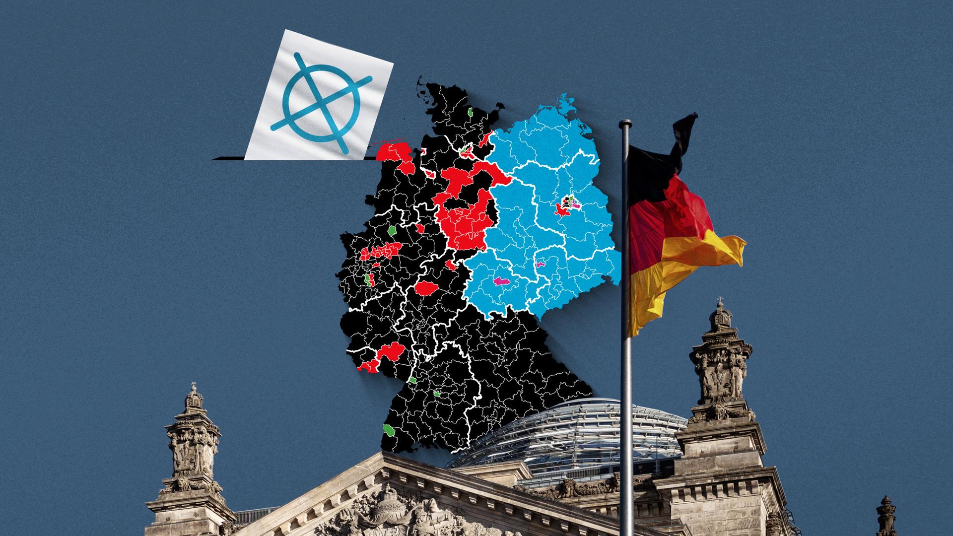 Foto vom Bundestag, davor eine Wahlkreis-Karte von Deutschland und die Flagge