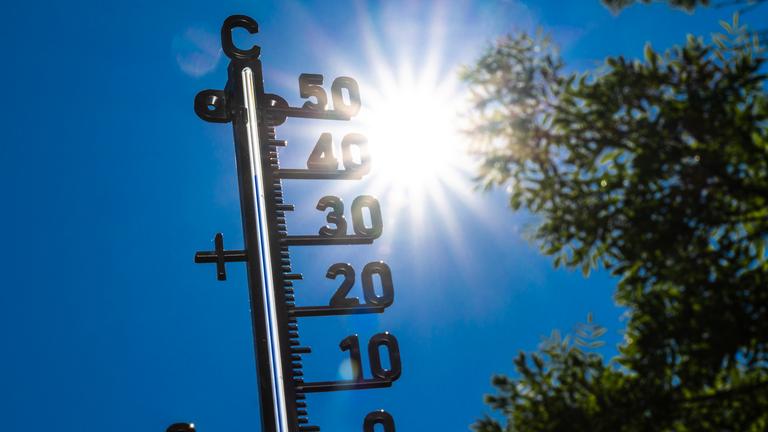 Ein Thermometer zeigt über 30 Grad bei strahlender Sonne, umgeben von Bäumen