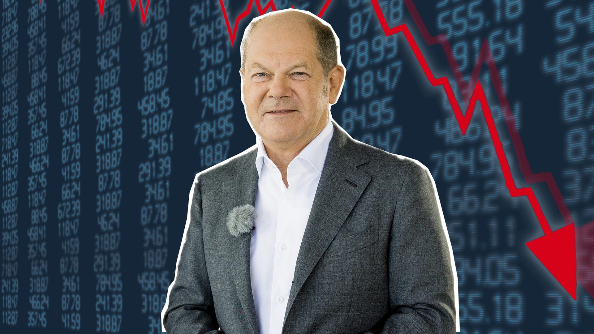 Olaf Scholz vor einem Graphen, der nach unten deutet.