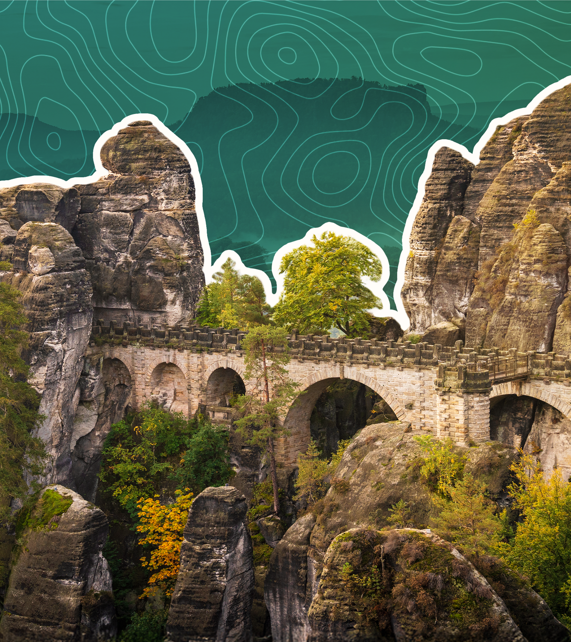 Montage: Basteibrücke im Elbsandsteingebirge mit topographsichen Linien im Hintergrund.